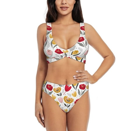 Bathing Suit For Women  Tulips Flowers Red Yellow High Waisted Bikini Set Bathing Suit Cross Lace Up Swimsuit