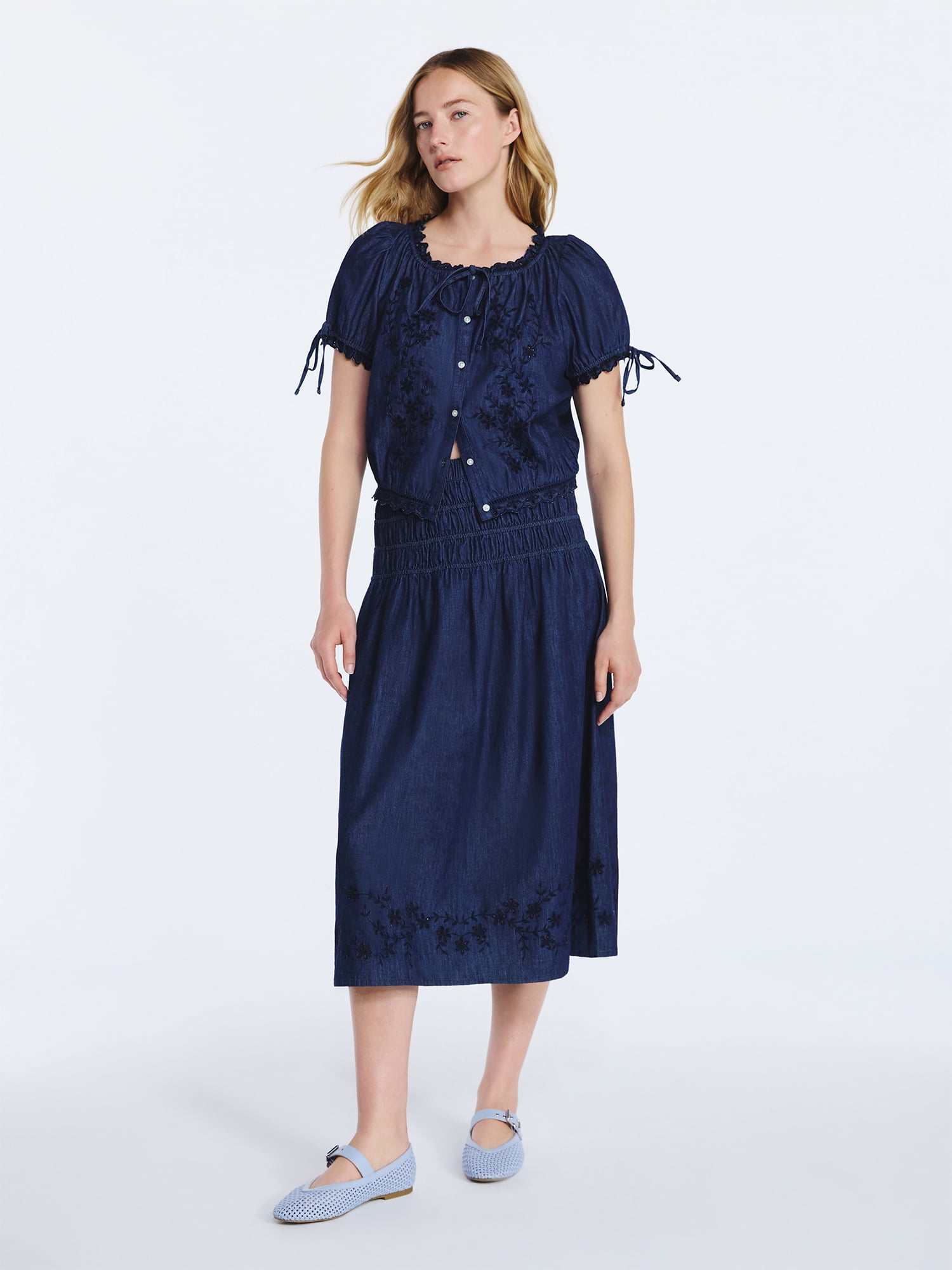 Free Assembly Women's and Women's Plus Embroidered Cotton Maxi Skirt with Smocked Waist, Sizes XS-4X