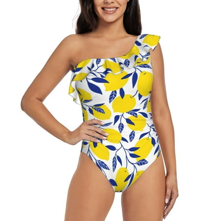 Uemuo Tropical Lemon Print Women s One Piece Swimsuit Asymmetrical Neck Bathing Suit One Shoulder Side Cutout Ruffle Swimwear-XX-Large