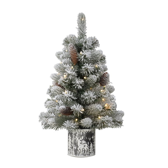CC Christmas Decor Pre-lit Potted Artificial Flocked Christmas Tree - 2’ - Warm White LED Lights
