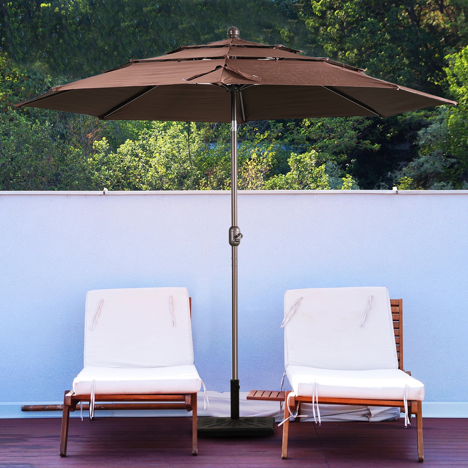 Aoodor 10ft 3-Tier Patio Umbrella, Outdoor Table Market Umbrella Tilt Adjustment and Crank - Coffee