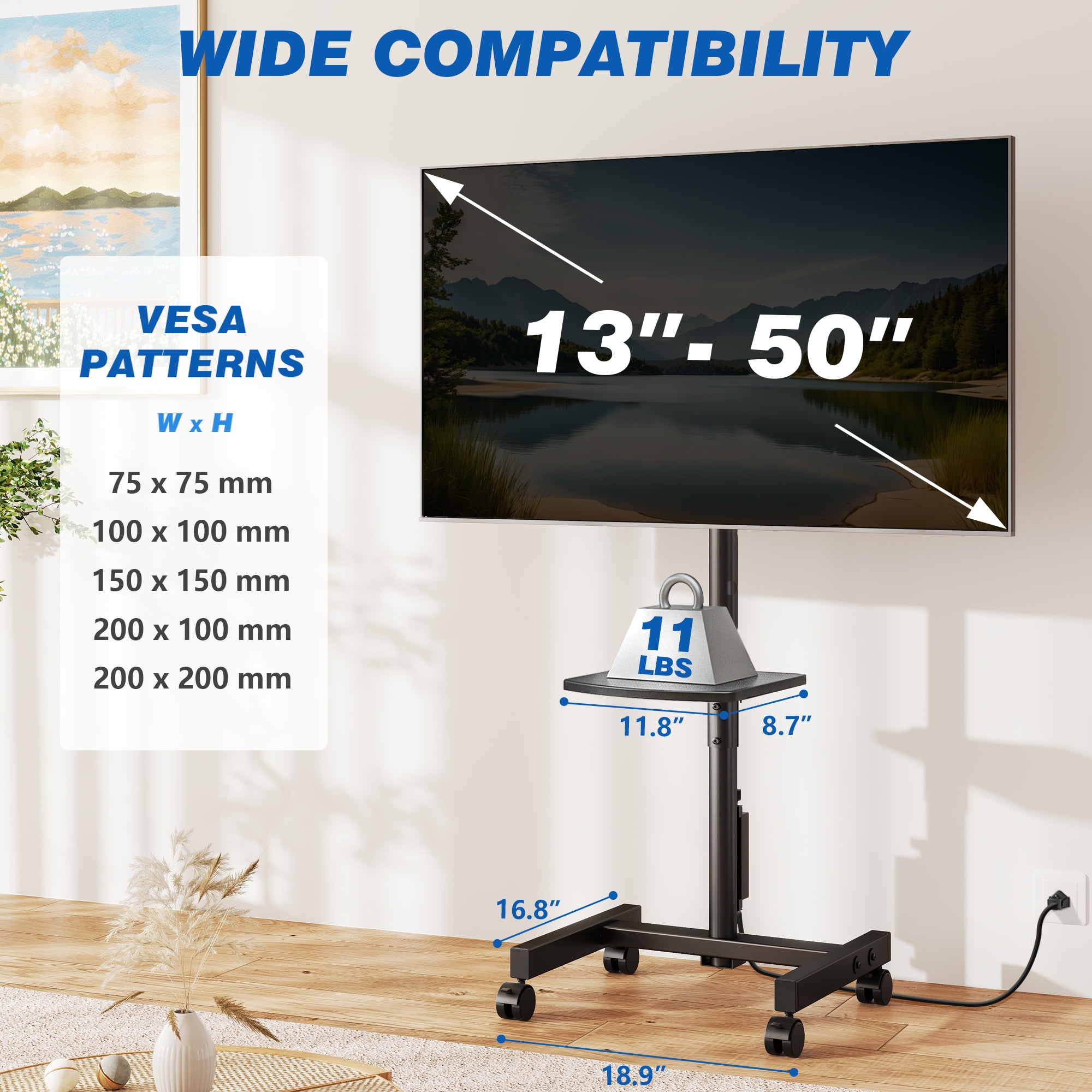 RTVR Rolling TV Stand with Power Outlet for 13-50 inch Flat Screens, Portable Floor Mobile TV Cart Stand with Storage Shelf, 90° Rotation