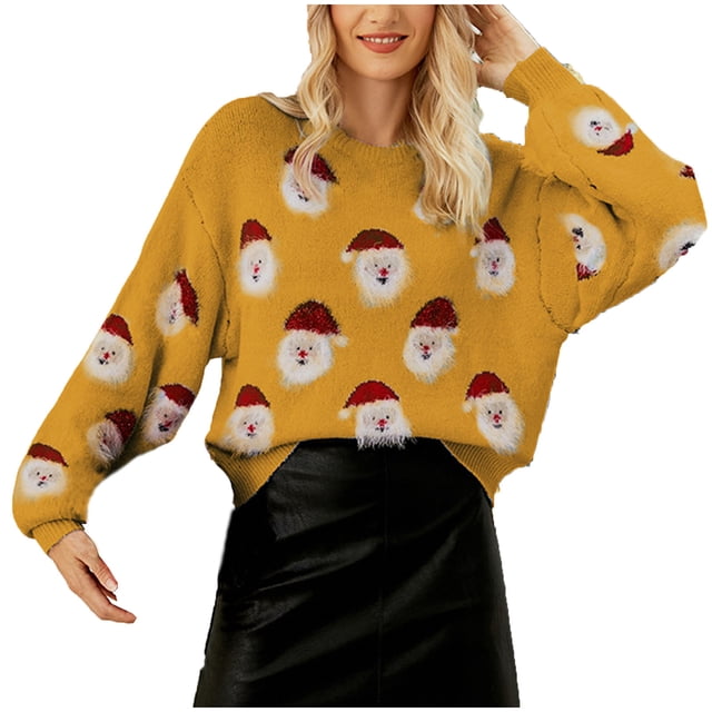 Longs Chandails de Noël pour Femmes Noël Manches Longues pour Femmes Chandails de Noël pour Femmes Imprimé Père Noël Col Rond Manches Longues Hauts
