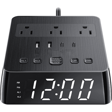 Alarm Clock with 4 USB Chargers Power Strip 3 Outlets 1700J Surge Protector Nightstand Dimmable Digital Clock with Dual Alarm and Snooze Function for Bedroom, Full Screen LED Display