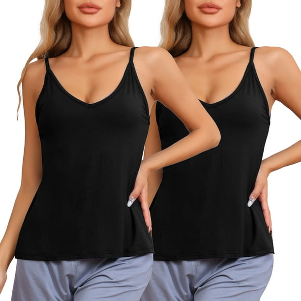 Camisetas sin mangas para mujeres INSPIRE CHIC, pijamas de capa base, tirantes de espagueti, tops de tanque de cuello en V, L, 2 paquetes, negro