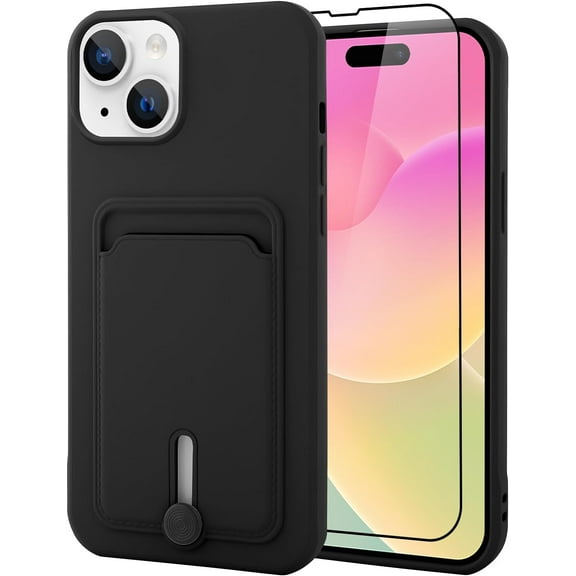 TPU Wallet Compatible with iPhone 15 Case 2023, Card Holder Camera Protection Cover   Screen Protector, Push-able Card Slot Silicone Soft Case Girls Women -Black