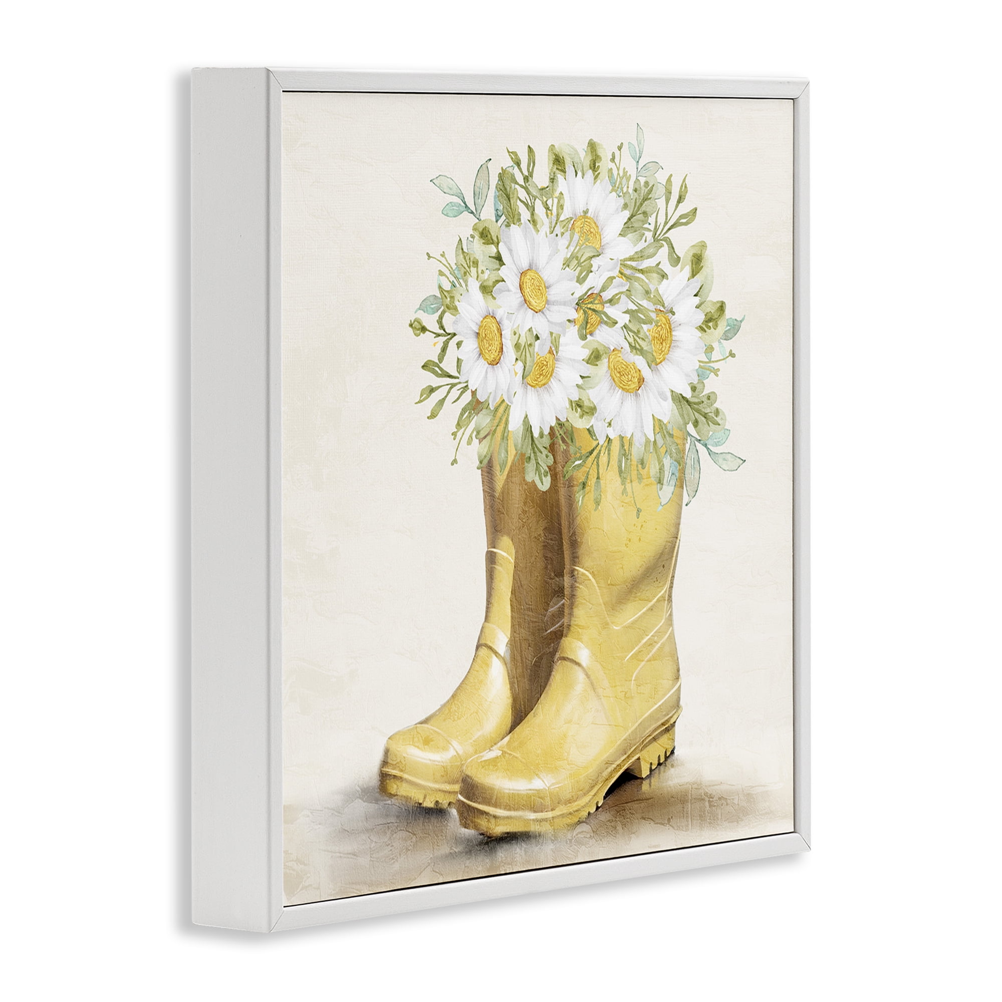 Stupell Industries Sunny Daisy Boots Botanical & Floral Painting White Framed Art Print Wall Art, 24 x 24