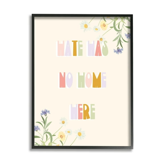 Stupell Industries Hate Has No Home Quote Soft Spring Wildflowers Botanical & Floral Painting Black Framed Art Print Wall Art, 24 x 30