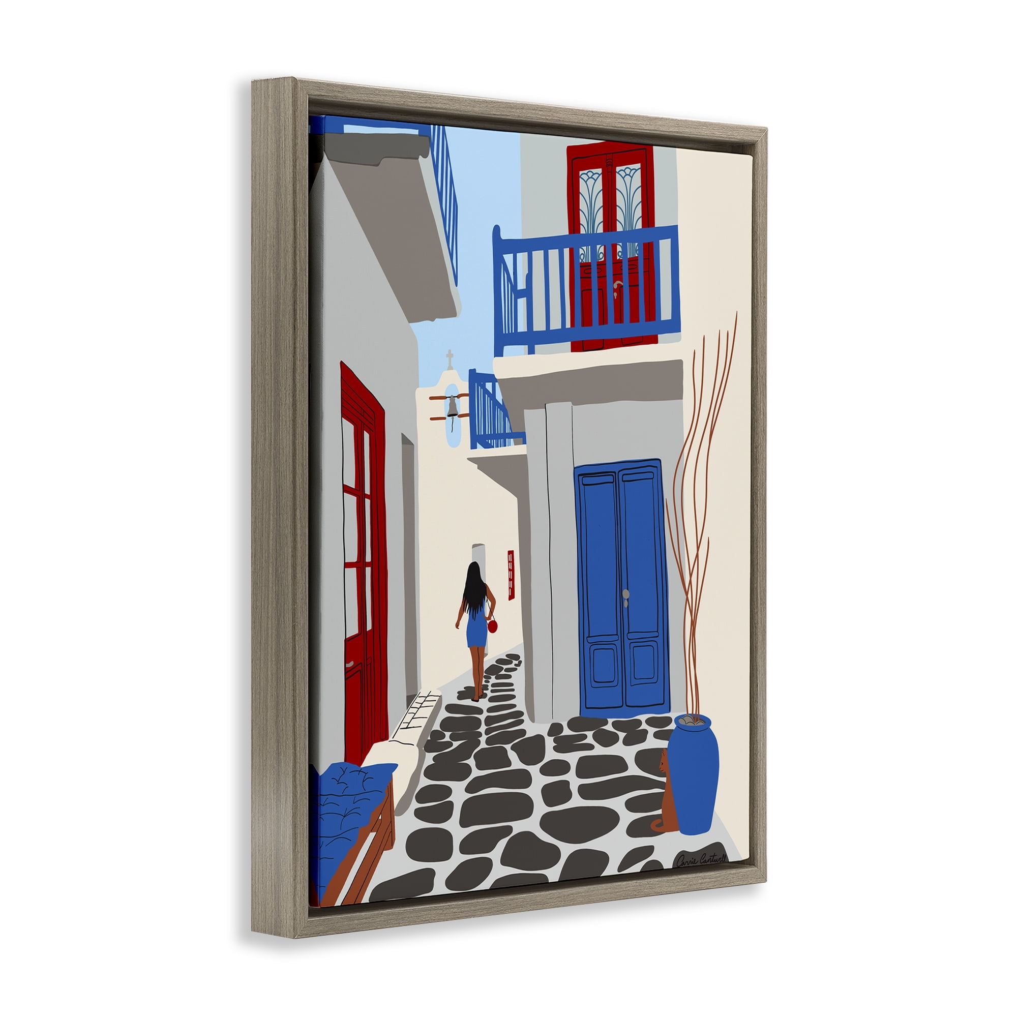 Stupell Industries Mykonos City Alley Buildings & Architecture Painting Brown Floater Framed Canvas Art Print Wall Art, 17 x 21