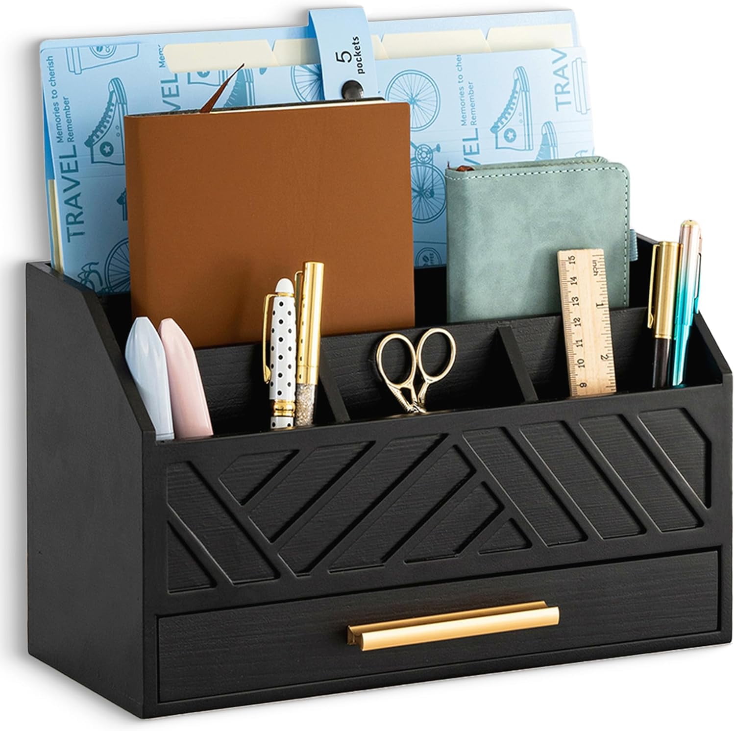 Brown Wooden Desk Organizer with Drawer - Bill & File Mail Holder for Office Workspace Organization