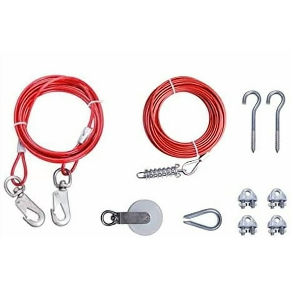 75-ft Red Vinyl Coated Dog Trolley Exerciser Dog Run Cable, Dog Pulley System, Dog Trolley System, Dog Runners for Yard, Dog Line Runner