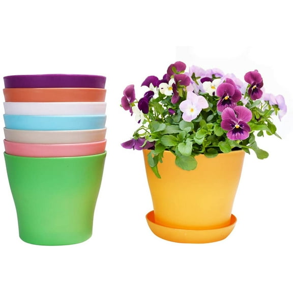 Alotpower Plastic Planters Indoor Set of 8 Flower Plant Pots Decorative Gardening Pot with Drainage and Saucer for All House Plants, Herbs, Foliage Plant, and Seeding Nursery Pots (5.5", Multicolor)