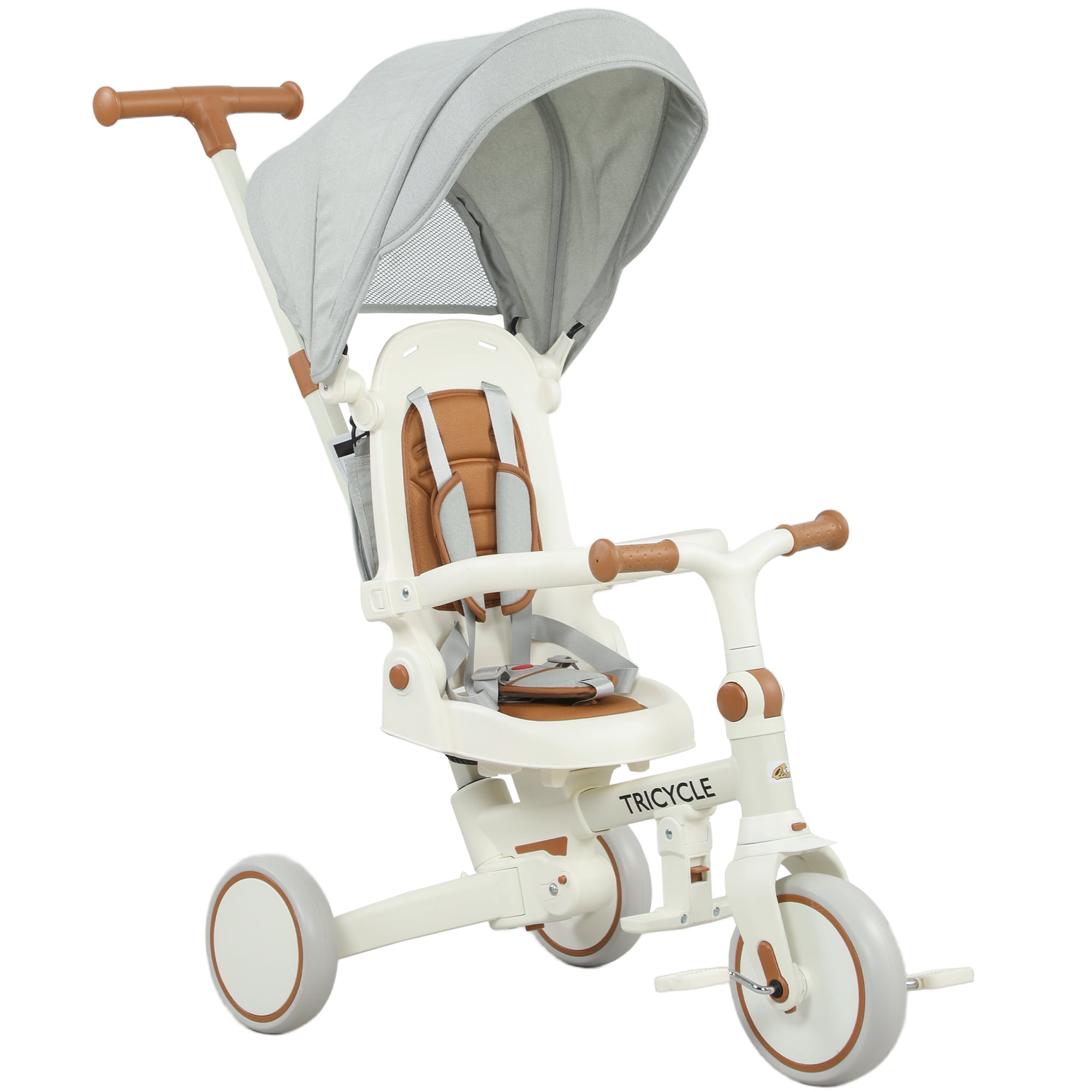 Qaba 7 in 1 Toddler Tricycle with Adjustable Parent Handlebar, Cream White