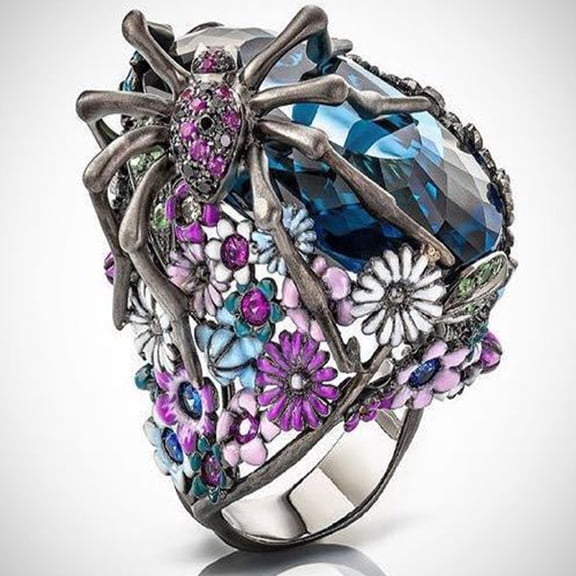 Women's Exaggerated Sapphire Creative Spider Shape Drop Oil Flower Ring
