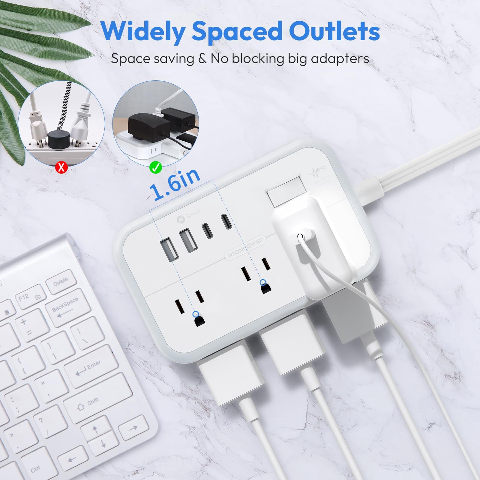 Surge Protector Power Strip With 6 Outlets 4 Usb Port  5 Ft Flat Plug Extension Cord Outlet Extender White Multiple For Indoor Home Office Supplies Dorm Room