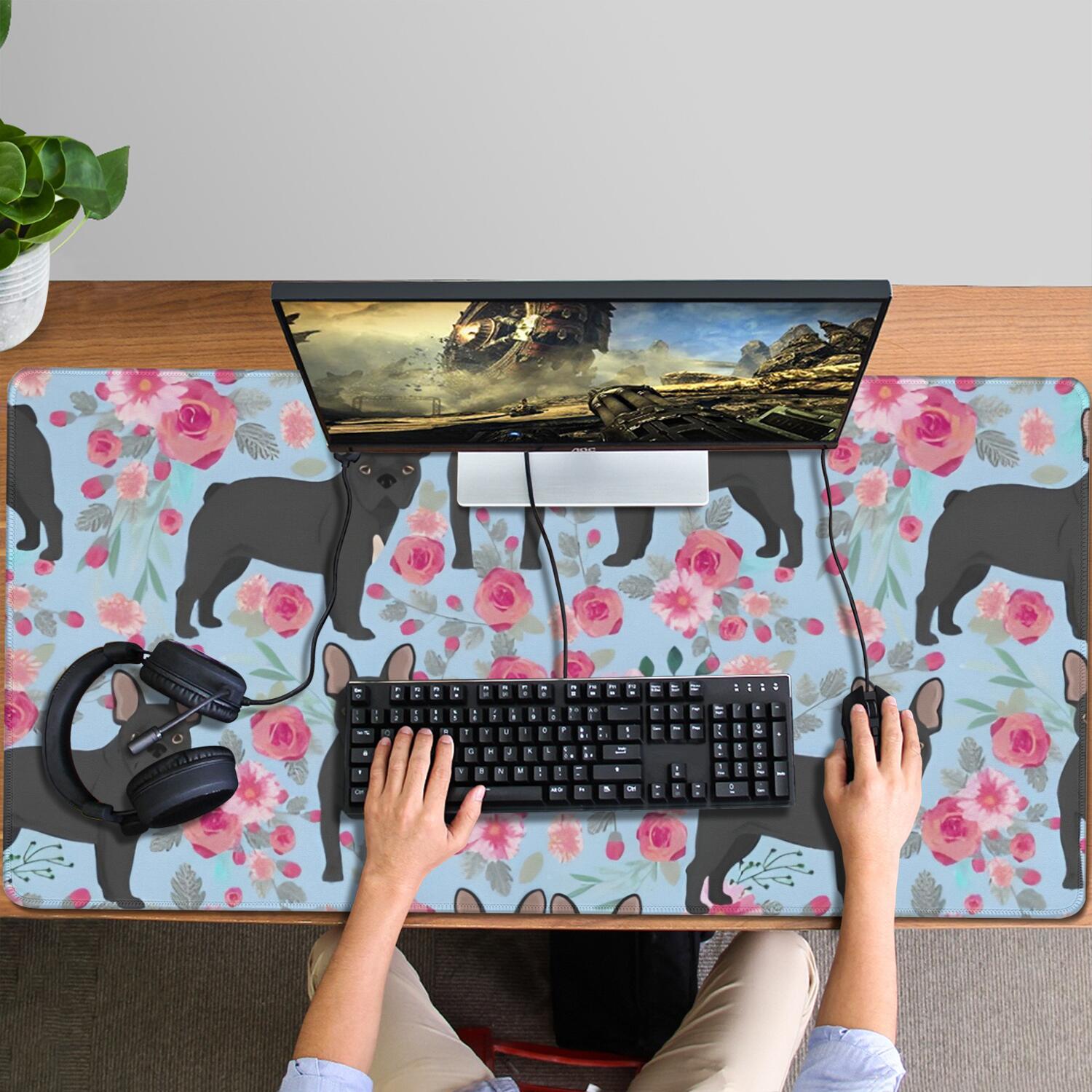 Long Mouse Pads for Desk,French Bulldog and Flower Desk Mats on Top Of Desks, Desk Mouse Pad Extra Large with 3mm Non-Slip Base and Stitched Edge for Gaming,Office,Work,Home 47.3"x23.6"