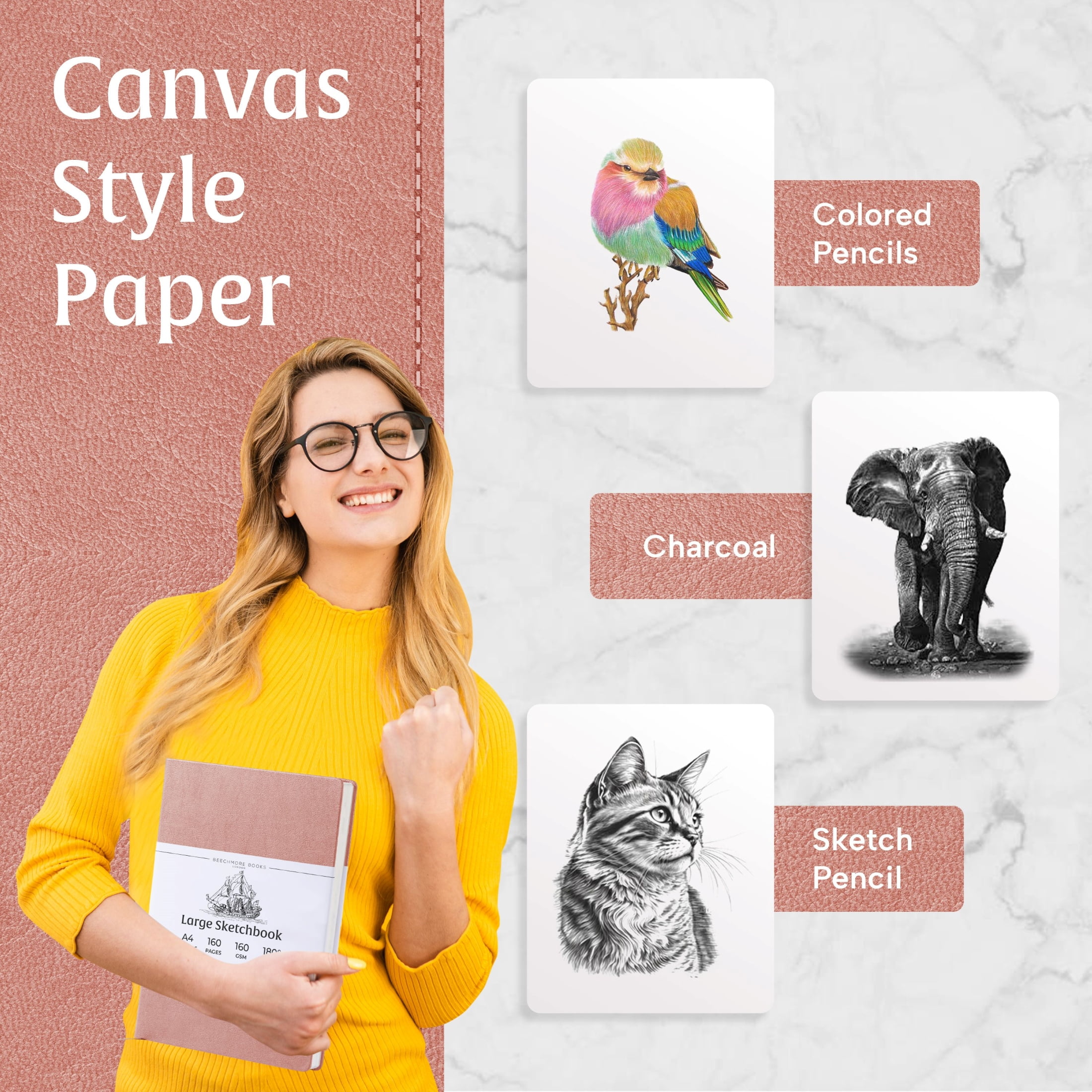 Beechmore Books A4 Sketchbook – 8.5x11" Premium Vegan Leather Bound Large Sketch Book Hardcover With 156 Thick 160gsm Perforated Ivory Pages, Blank Sketch Pad, Gift Boxed, Back Pocket Ribbon Bookmark
