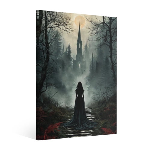 Vintage Halloween Castle, witch,Canvas Wall Art Painting,Horror Creepy Dark Poster,Gothic Artwork Picture Print Decor,Spooky Ghost Wall Decor for Bar Living Room Bedroom Party Framed ﻿ ﻿