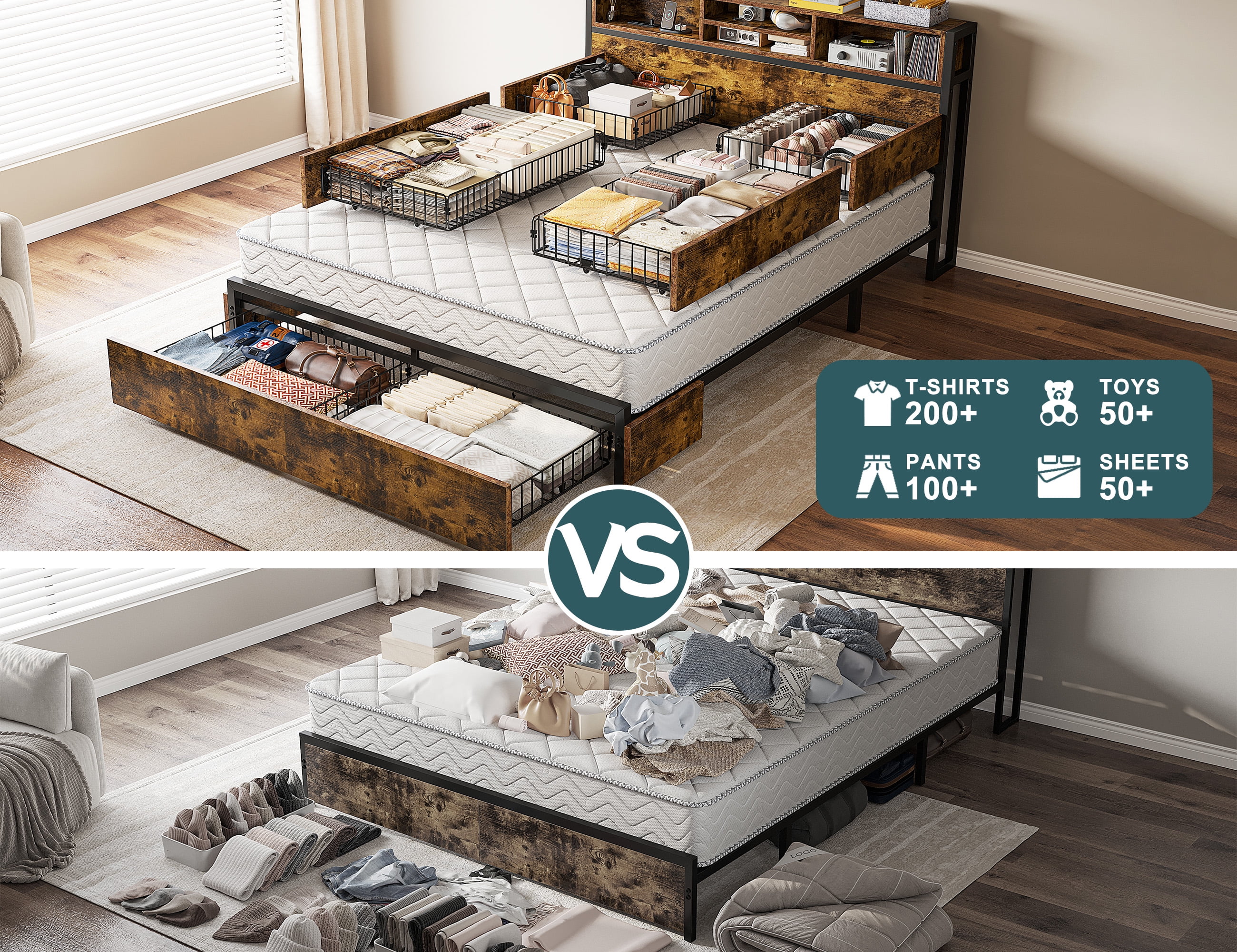 EnHomee Queen Bed Frame with 6 Storage Drawers Queen Bed Frame with Headboard & Charging Station No Noise,Vintage Brown