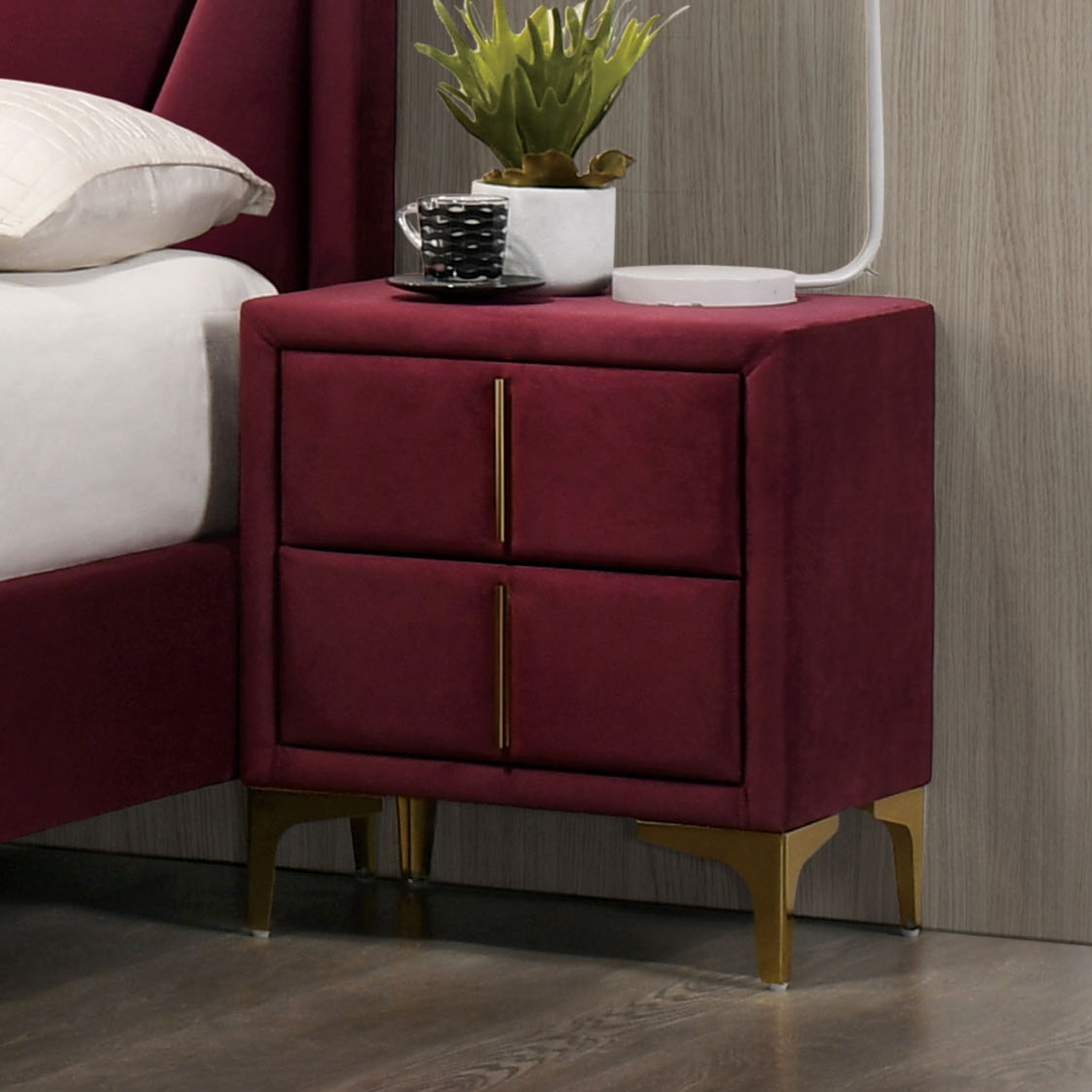 Furniture of America Gatsby Upholstered 2-Drawer Nightstand, Red