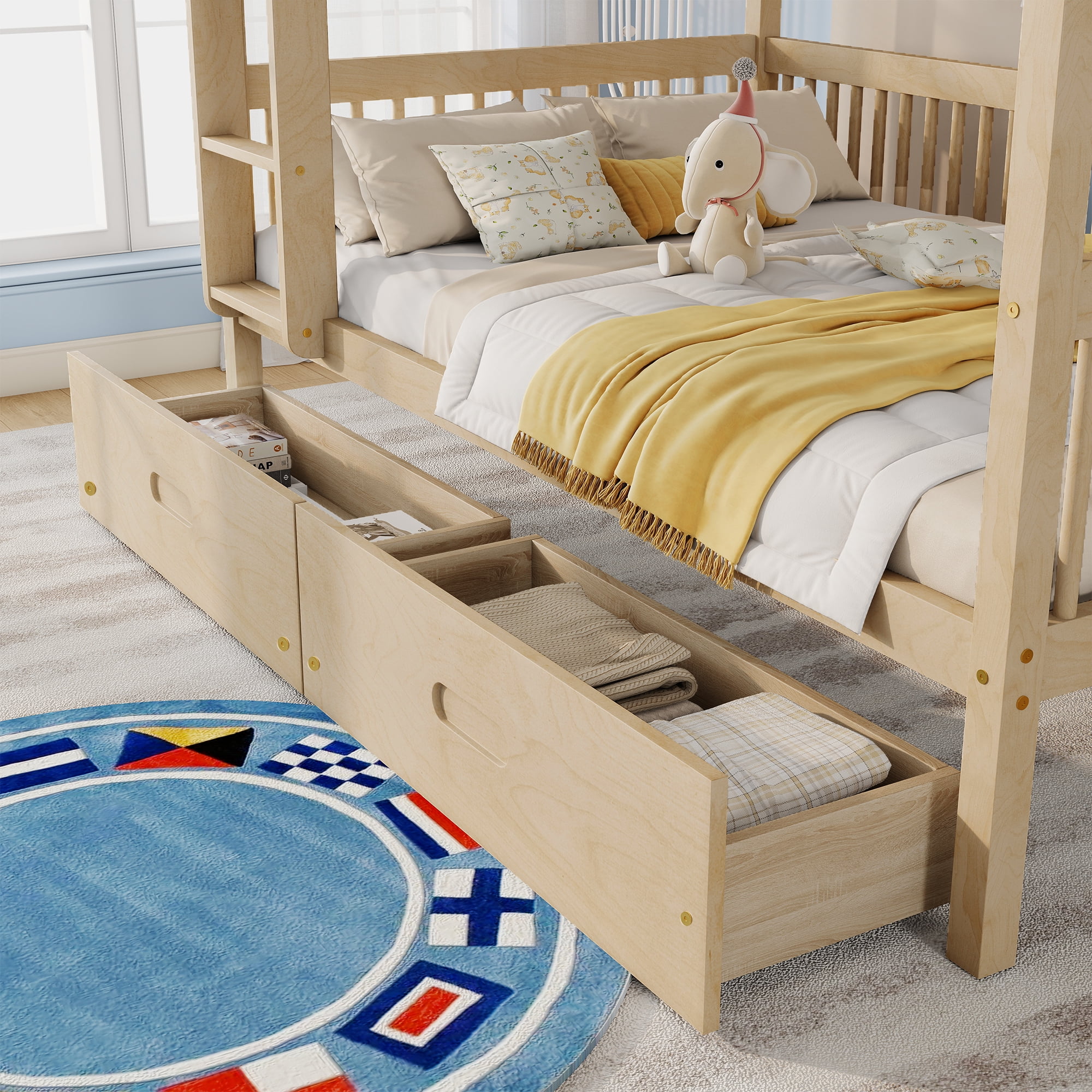 HOQBN Twin Over Twin Pine Wood Bunk Bed with 2 Drawers, Convertible into 2 Twin Beds, Twin Over Twin Bunk Bed Frame with Ladder and Safety Guardrails,Natural