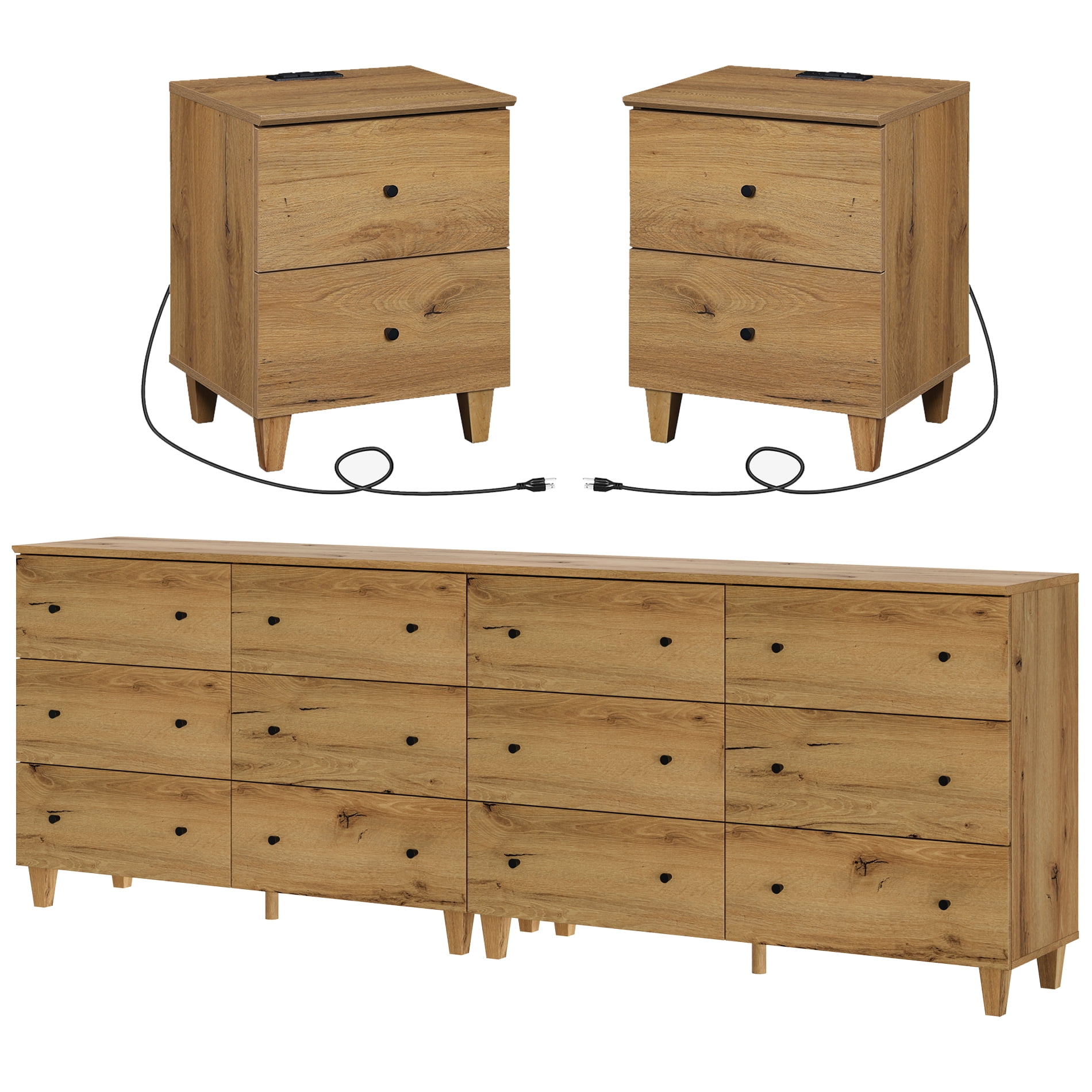 WAMPAT Dresser and Nightstands Set of 4, Wood Dressers with 12 Drawers, 2 Pieces Nightstands with Charging Stations for Living Room, Dark Brown Wood