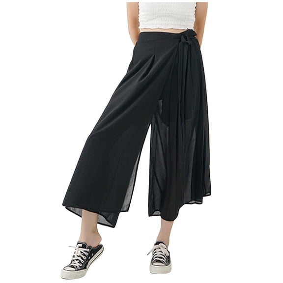 Ozmmyan Plus Size Womens Chiffon Wide Leg Pants Pleated Flowy Palazzo Trousers Tie Waist Cropped Pant Skirt Solid Color Summer Spring Casual Loose Fit Bottoms