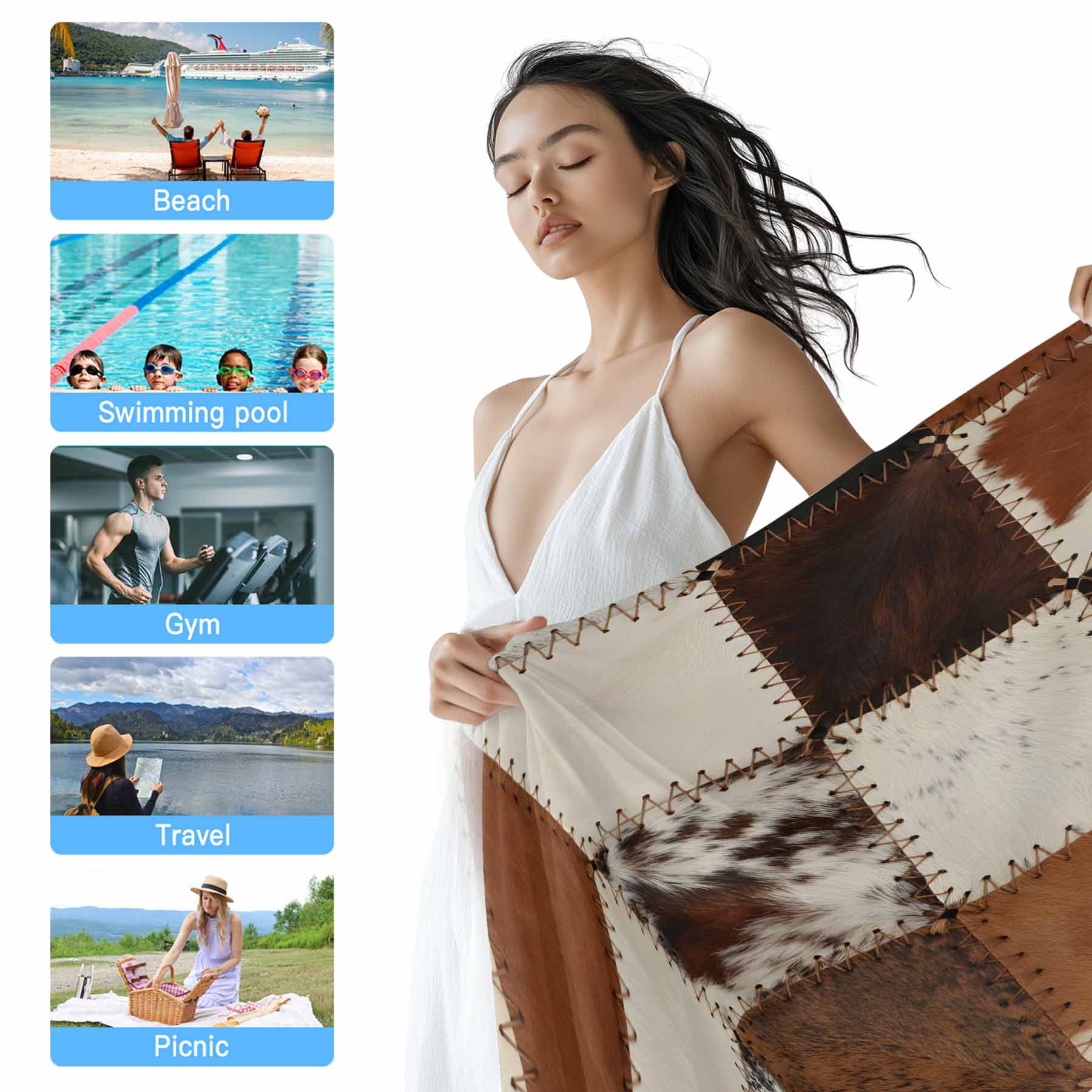 Beach Towel Cowhide Bath Pool Towels Cow Fur Print Animal Skin Brown Absorbent Beach Towel Soft Large Quick Dry Lightweight Camping Travel Sports Yoga Gym Swim Towels for Adult 35x70 Inch