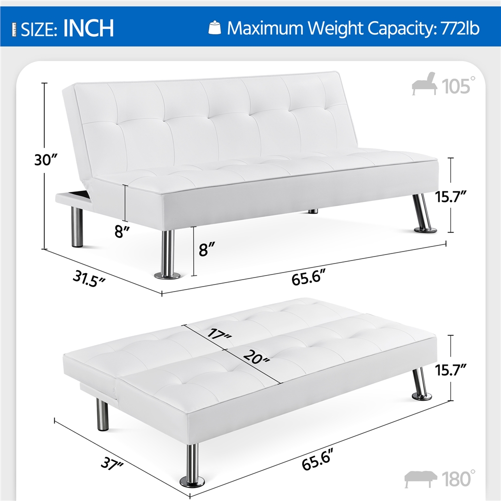 Easyfashion Convertible Faux Leather Futon Sofa Bed, White - image 5 of 10