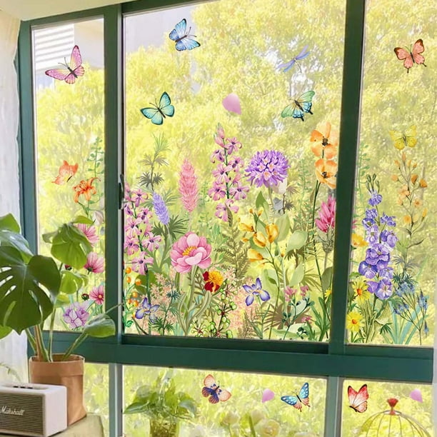 Coloridas pegatinas electrostáticas florales para ventanas, calcomanías decorativas de vidrio de doble cara con diseño lavable, adhesión sin pegamento para la decoración del hogar en el salón y el