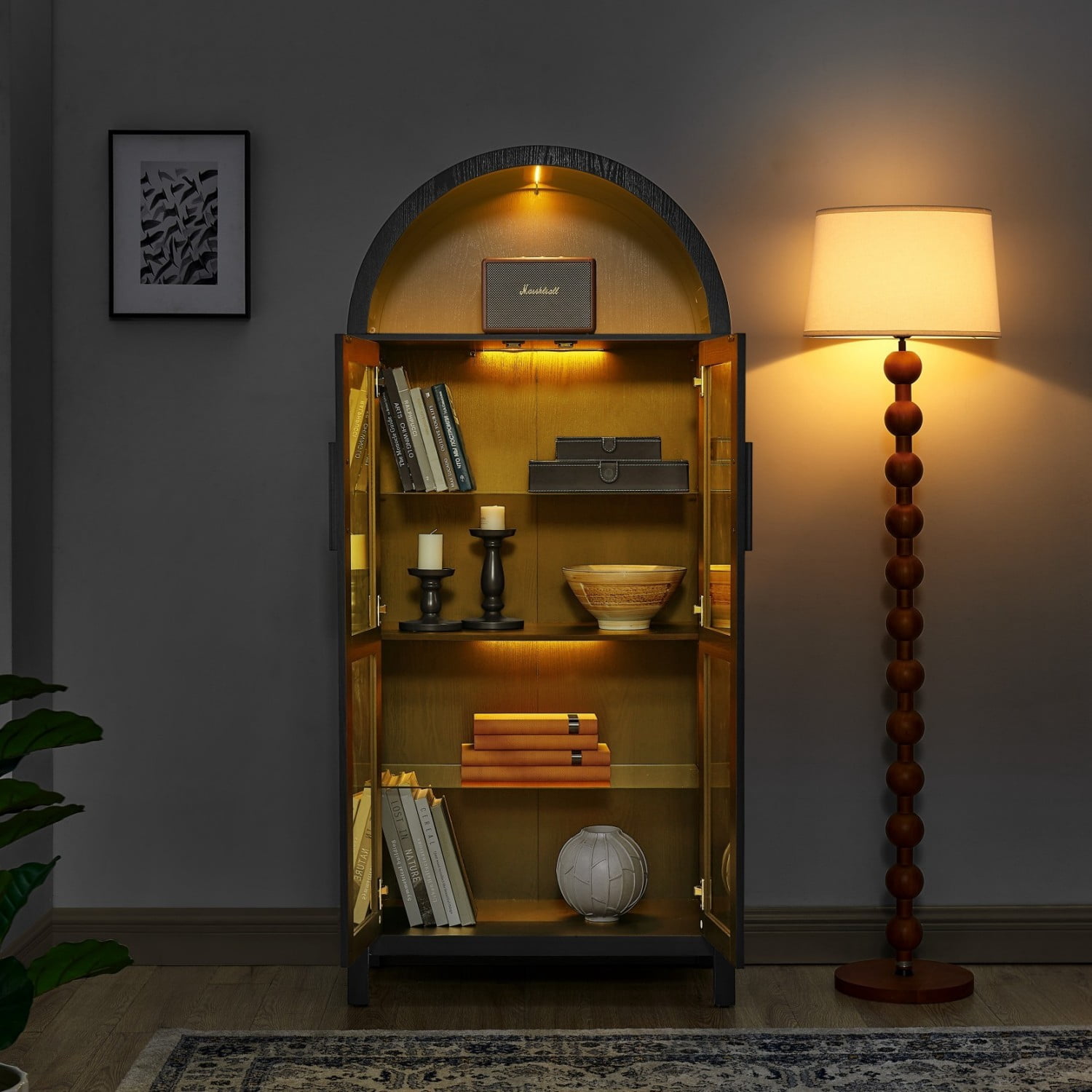 67" Tall Storage Cabinet with LED Light, Arched Top Display Cabinet with Adjustable Glass Shelves and Wooden Doors, Modern Freestanding Storage Cupboard for Kitchen Living Room, Black