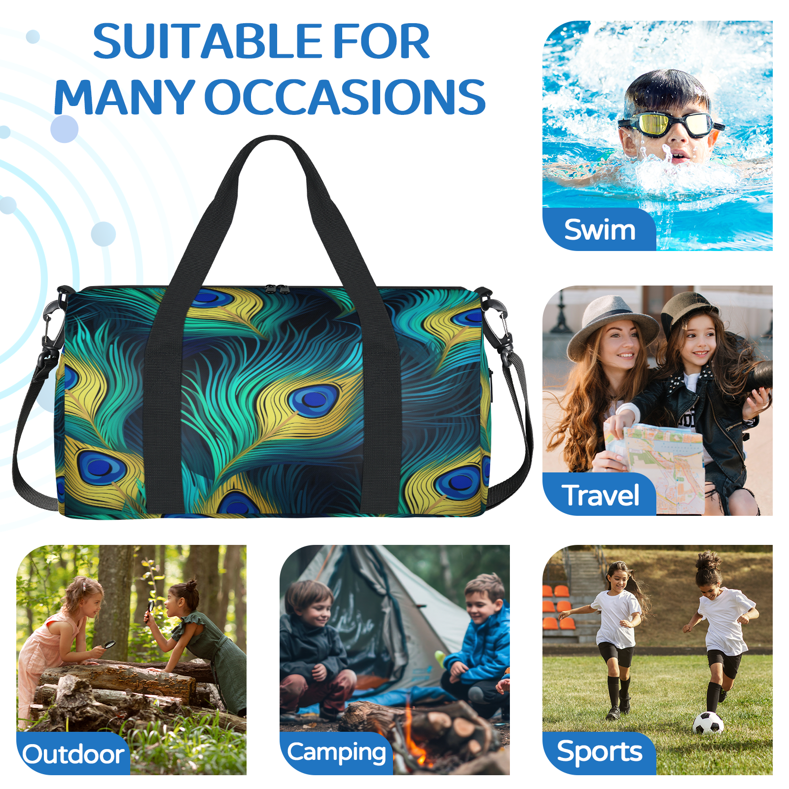 Herdesigns Peacock Bird Feathers Travel Duffle Bag Sports Yoga Weekender Overnight Carry on Workout Bags Lightweight Waterproof Gym Tote Bag for Women
