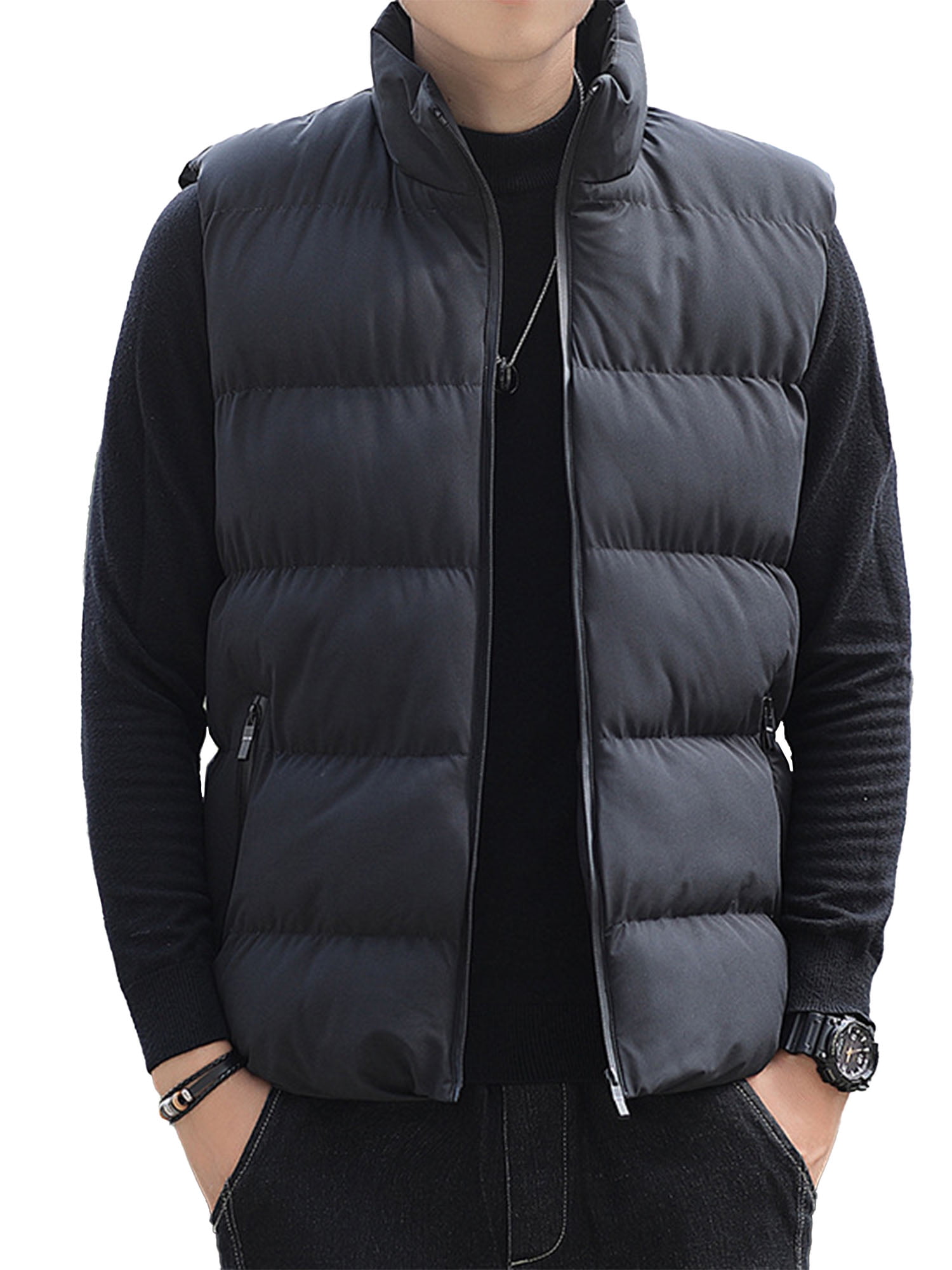 Men's Gilet Winter Zip Up Stand Collar Quilted Puffer Vest Outdoor Sleeveless Jacket 