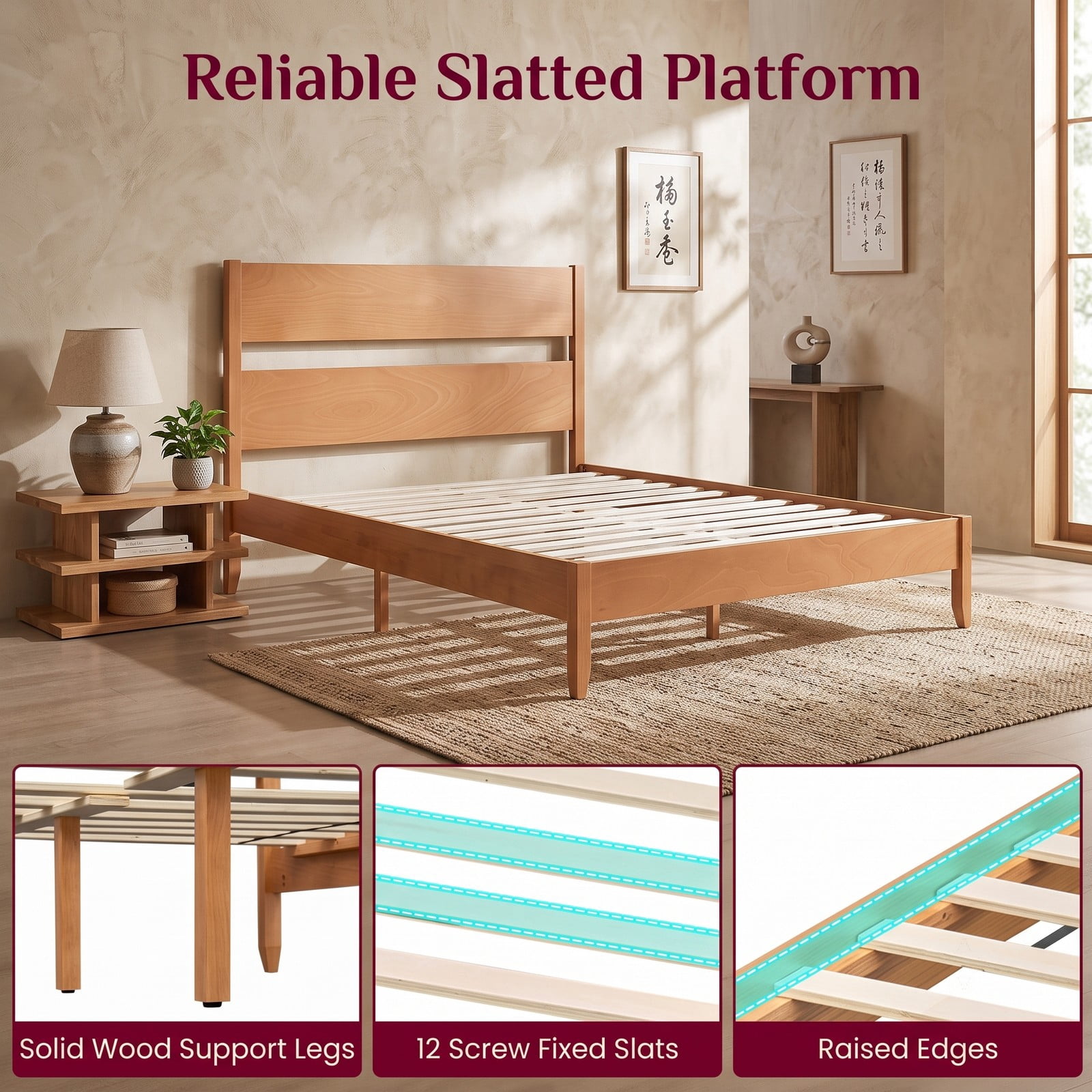 Furnibear Queen Bed Frame, Wood Platform Bed Frame with Headboard, Low Profile Queen Size Bed Frame with 12 Slat Support for Bedroom, Warm Brown