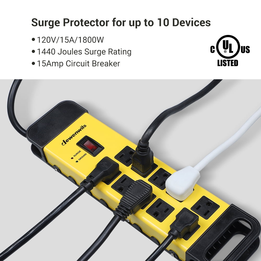 DEWENWILS 10 Outlets Heavy Duty Metal Surge Protector Power Strip with 15ft Long Cord, Flat Plug,outlet extender, 1440Joules