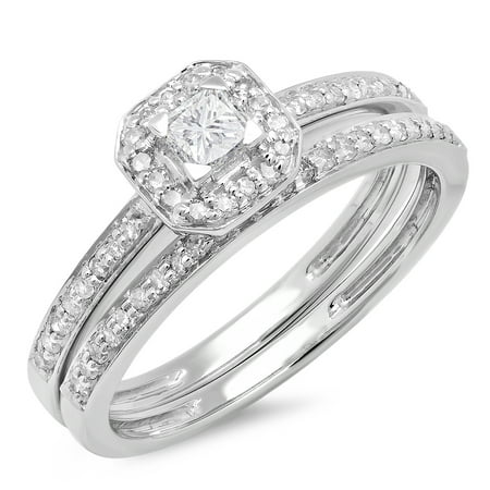 0.55 Carat (ctw) 18K White Gold Princess & Round Cut Diamond Ladies Halo Engagement Bridal Ring With Matching Band Set 1