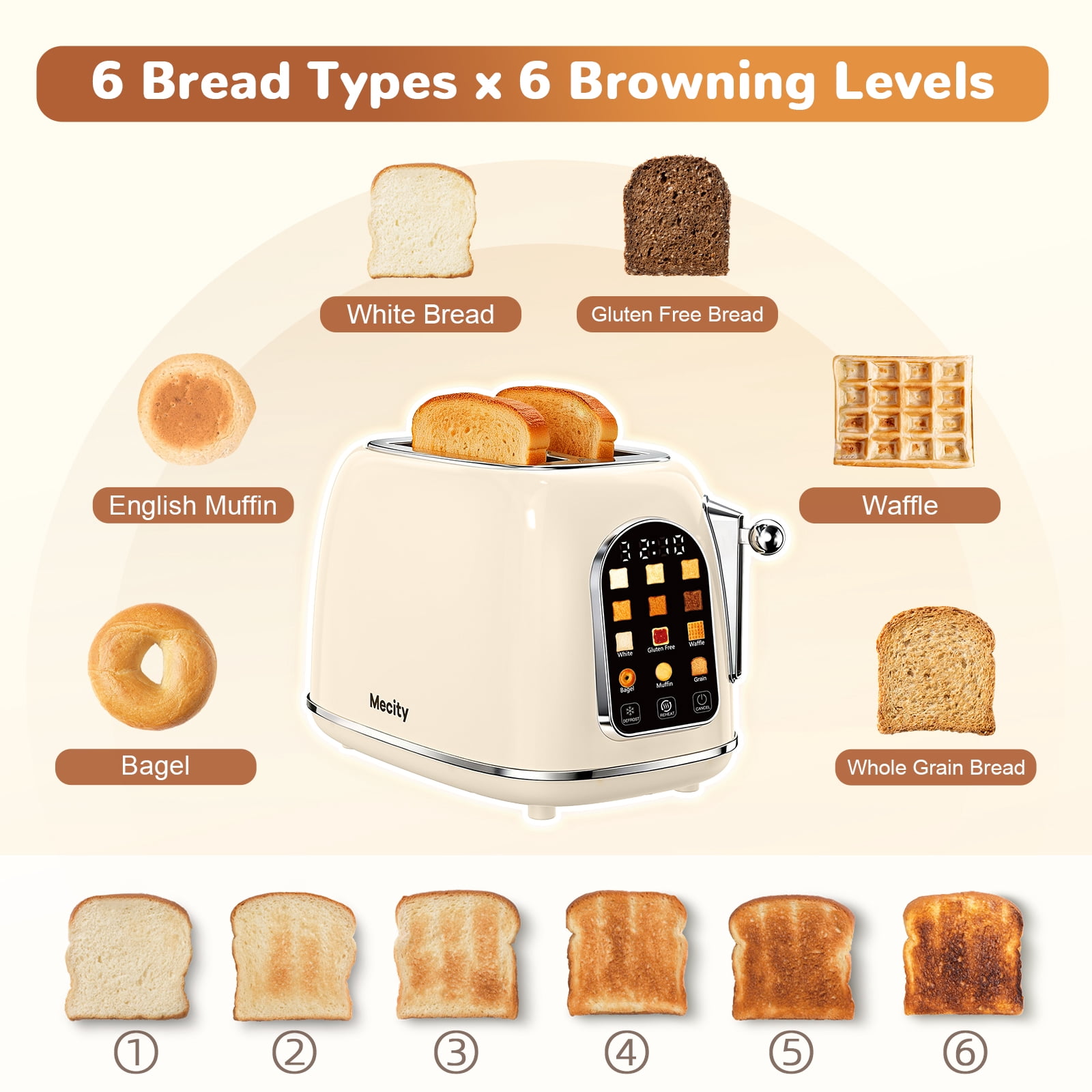 Mecity Easy Touch Screen Toaster 2 Slice – Retro Wide Slot Stainless Steel Toaster with Large Display, 6 Browning Levels, Bagel, Defrost & Reheat, Removable Crumb Tray, Cream Color