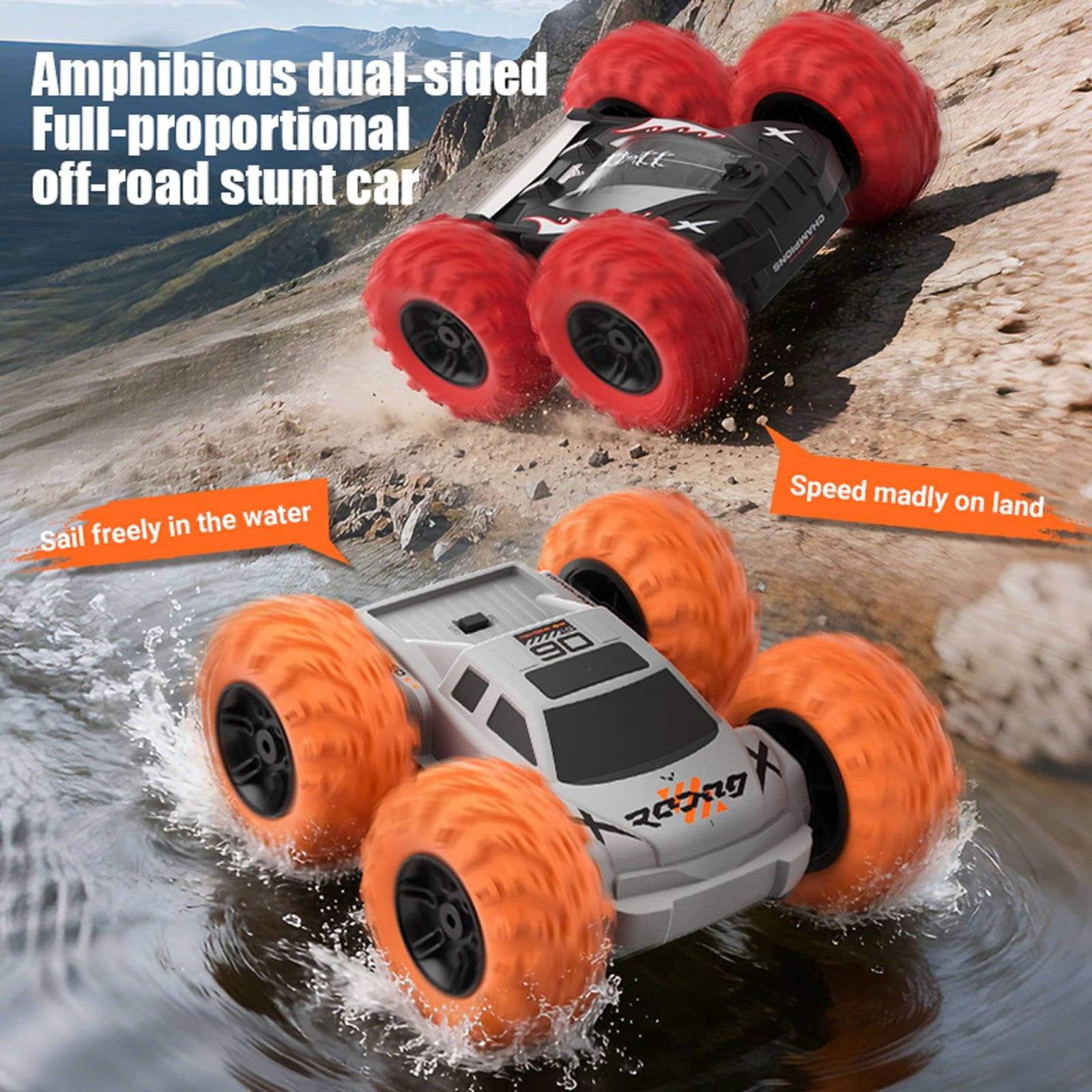 2.4G Amphibious RC Stunt Car, Rechargeable Double-Sided Water Land Remote Control Vehicle with 360 Flip, All Terrain