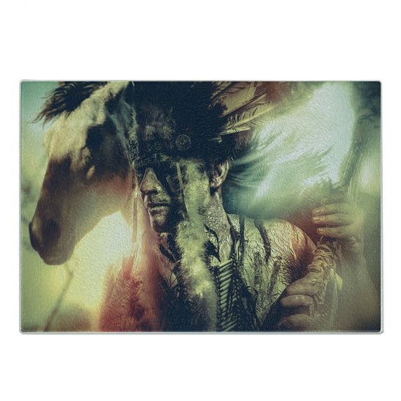 Tattoo Cutting Board, Brave Warrior Chief of Tribe with Noble White Horse Photo Print, Decorative Tempered Glass Cutting and Serving Board, Small Size, Black and White, by Ambesonne