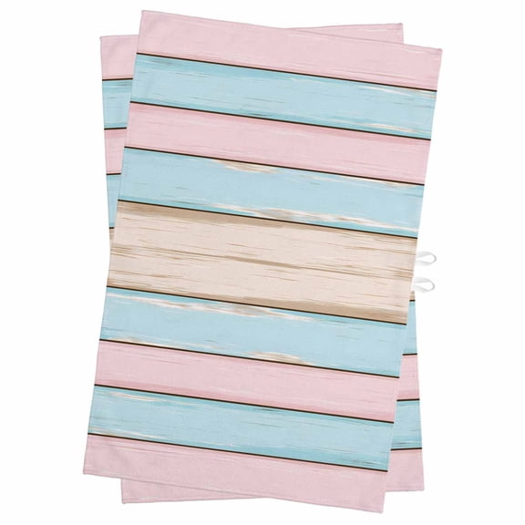 Pink Blue Striped Kitchen Towels Set of 2, Water Absorbent Dish Towel, Vintage Shabby Chic Wood Grain Decorative Hand Towels - Quick Drying Cloth for Cooking Baking, 18x28 Inch