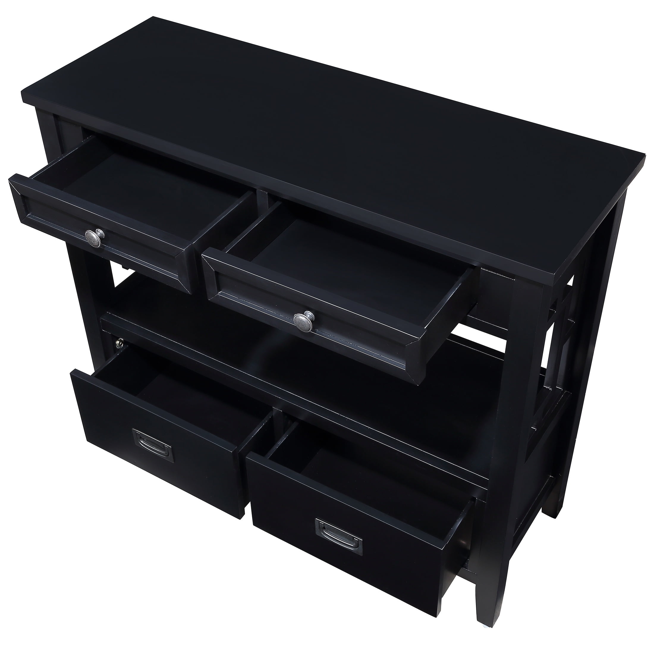 PORKISS Farmhouse Solid Wood Console Table, Entryway Table Hallway Table with 4 Drawers 1 Storage Shelf, Sofa Table for Living Room, Foyer, Black