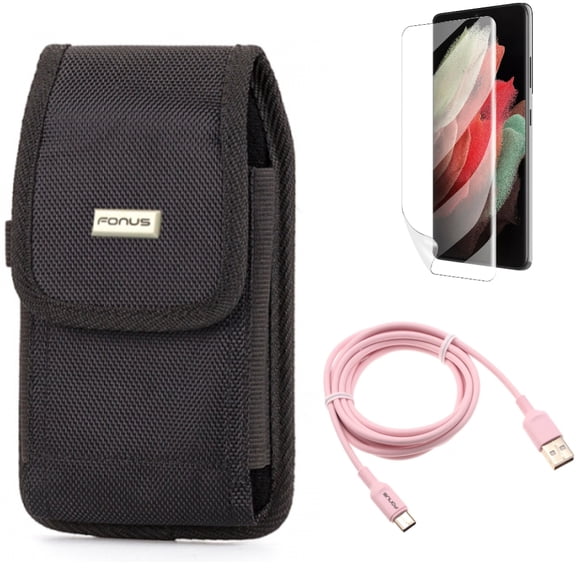 Matte Screen Protector & Case Belt Clip & 6ft USB-C Cable for Samsung Galaxy S22 Plus (S22 ) - Combo TPU Film Anti-Glare & Swivel Holster Rugged & Pink Charger Cord Power