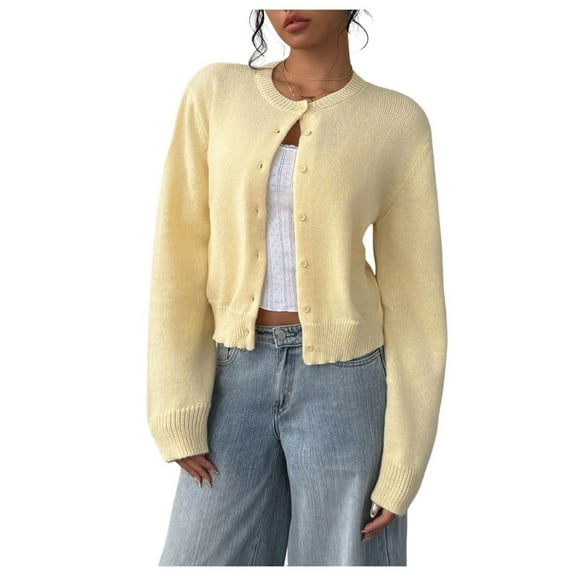 ( piece) Women's button-down long-sleeved round neck cropped cardigan sweater knitted clothing