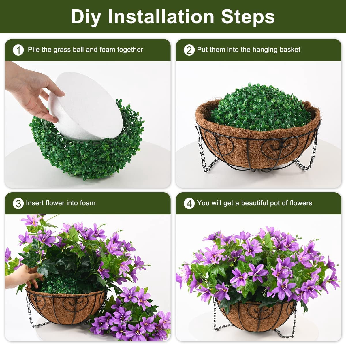 Artificial Flowers Hanging Basket for Outdoor Indoor,Fake Orchid Flowers in Coconut Lining Hanging Basket for Home Courtyard Decoration, 5 Branches Flowers in 12'' Basket(Purple)