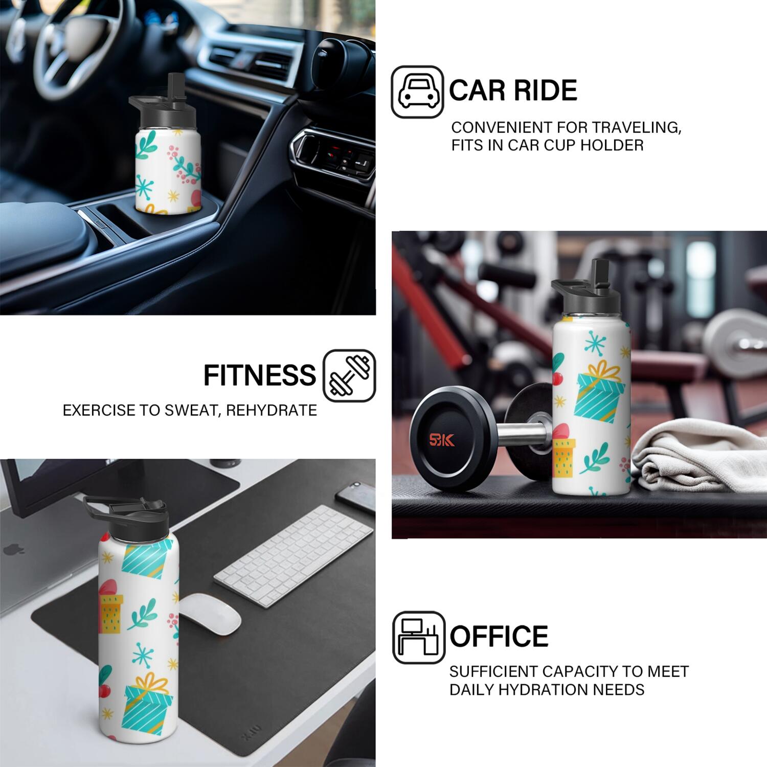Christmas 18 oz Insulated Stainless Steel Water Bottle with Straw & Cleaning Brush , Leakproof, BPA-Free, 304 Stainless Steel, Wide Mouth, Travel Mug for Car, Gym, Office