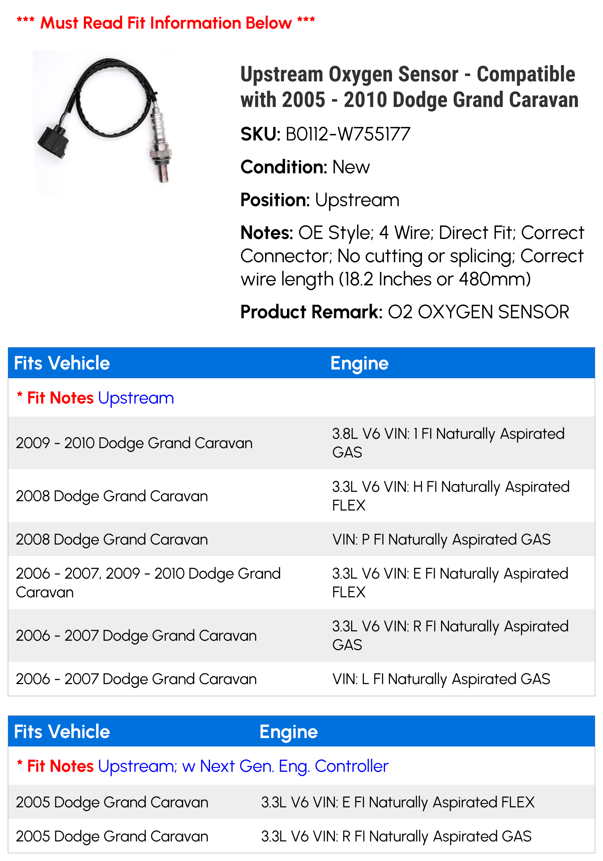 Upstream Oxygen Sensor - Compatible with 2005 - 2010 Dodge Grand Caravan 2006 2007 2008 2009