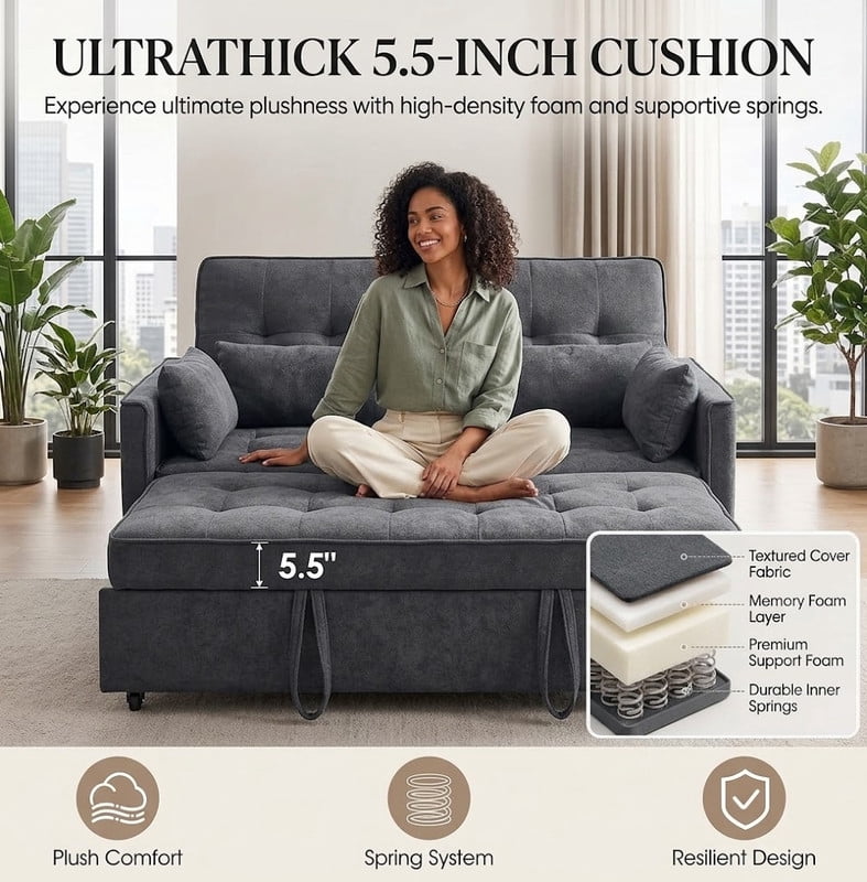 3-in-1 Convertible Sofa Bed with USB Charging Ports, Pull-Out Sleeper Sofa with Adjustable Backrest and Side Pocket, Compact Loveseat Couch for Living Room, Apartment, Dorm