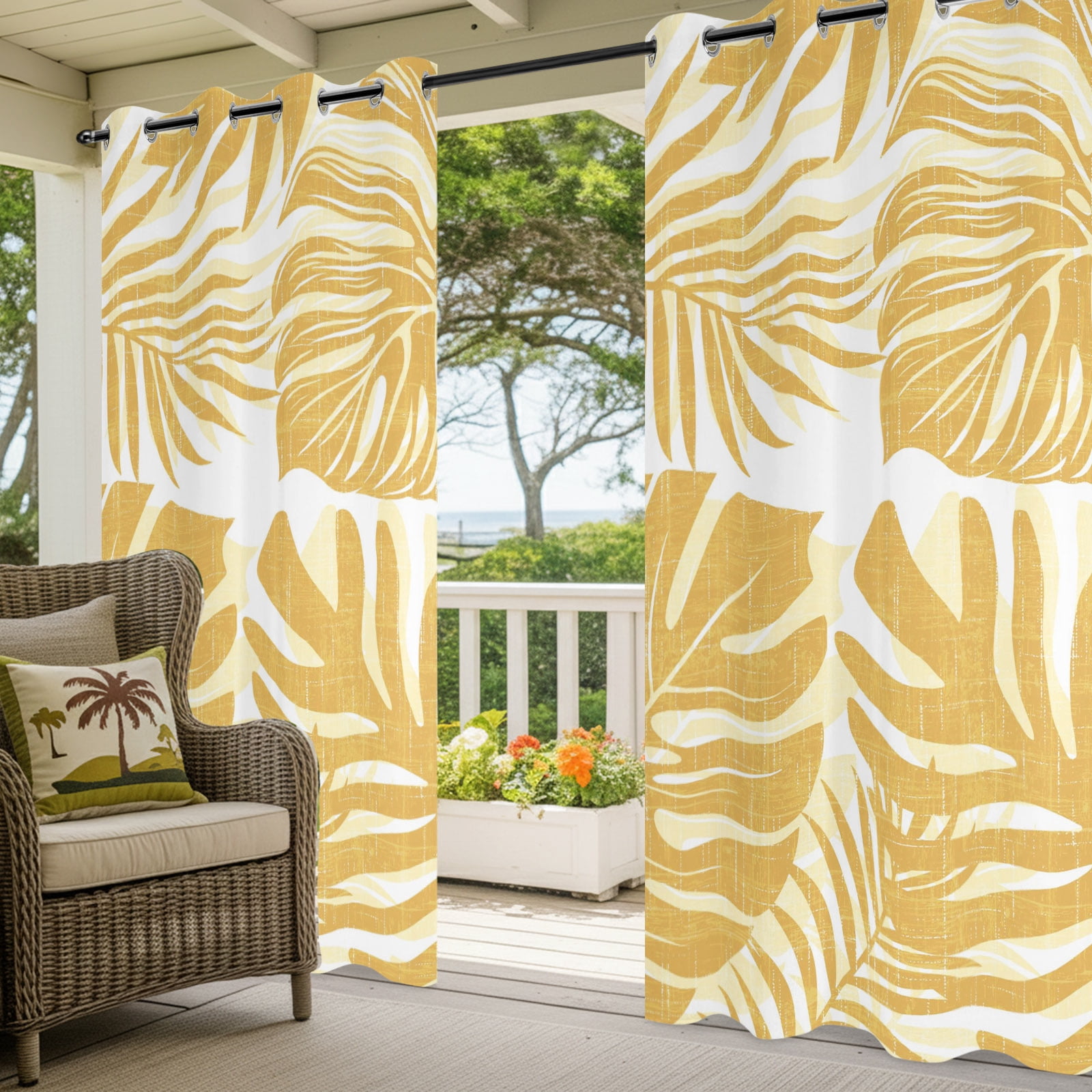 Yellow Palm Leaves Outdoor Curtains for Patio, Tropical Botanical Minimalist Modern Sunshade Privacy Drapes Grommet Waterproof Outside Curtains for Porch/Cabana/Balcony 54"x 108", 1 Panel