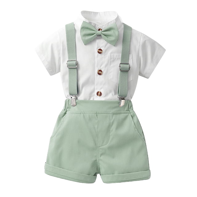 Odeerbi Chicos 4 Piezas Caballero Traje Formal Color Bloque Rayas Vestido Camisa y Traje Cortos Con Colgantes Corbata de Proa Conjunto de Uniforme Escolar