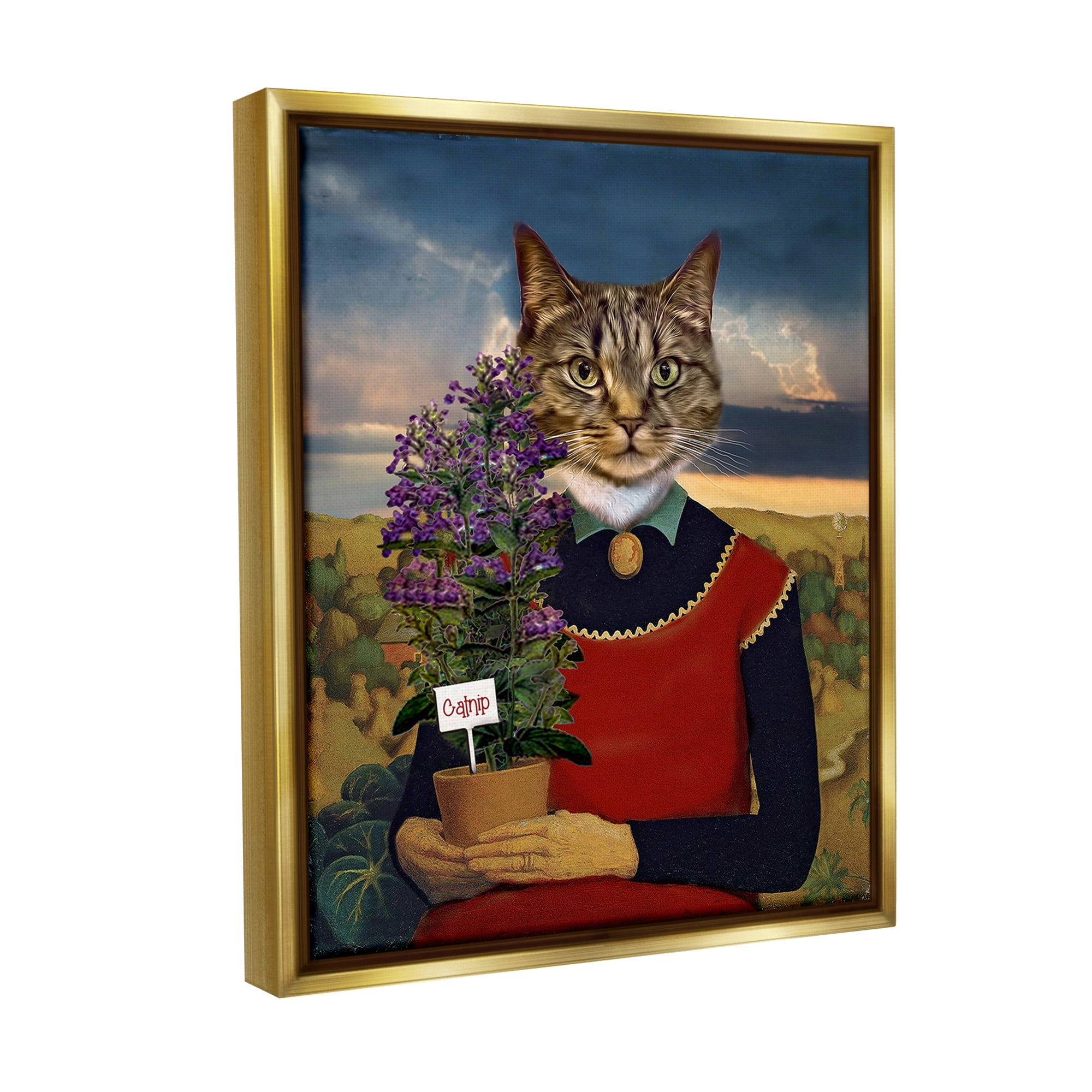 Stupell Industries Gardening Cat with Catnip Animals & Insects Painting Gold Floater Framed Canvas Art Print Wall Art, 25 x 31